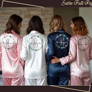 Bridal Pajamas Set Bachelorette Long Sleeve Satin Pajama Set Personalized Floral Design Pajama Set Bridesmaid Gift Gift for Mom Wedding Gift