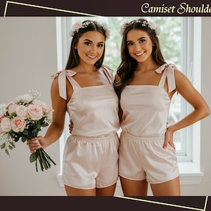 Bridal Satin Shoulder Tie Cami & Shorts Set | Elegant Bridesmaid Pajamas, Summer Loungewear or Bachelorette Outfit Bridal Squad Cami Set