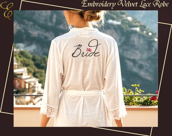Personalized Embroidered Bridal Robe Custom Velvet Lace Robe Bridesmaid Robes Wedding Getting Ready Outfit Bridesmaid Gifts Gift for Her