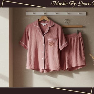 Custom Muslin Bridesmaid Pajama Soft Muslin Short PJs for Women Muslin Embroidered Double Gauze Pjs Custom Monogram Pjs Set Wedding Pjs Gift