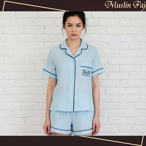 Muslin Embroidered Double Gauze Pjs Custom Monogrammed Pajama Set Soft Muslin Short PJs for Women Wedding Pjs Bridesmaid Pajama Wedding Gift
