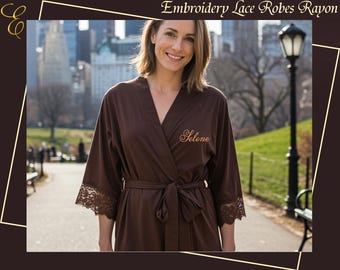 Personalized Embroidery Lace Robe Soft Rayon Bridal & Bridesmaid Dressing Gown Custom Name Rayon Lace Robe  Wedding or Lounge Wear Gift