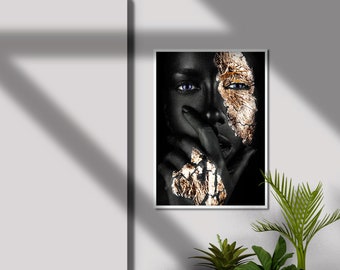 african woman silver glitter canvas painting, ethnic painting, black woman painting, african woman wall art, gold and black canvas painting