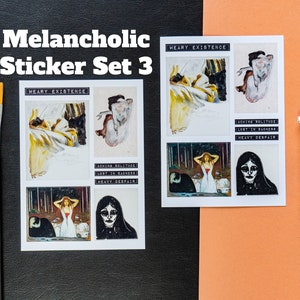 Melancholische sticker set 3, treurige gevoelens stickers, sombere illustratieve sticker, sombere karakters stickerpakket, uitingen van verdriet