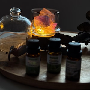 Könnte beinhalten: Aromatherapie-Set mit einer Glasglocke, einem beleuchteten Glasbehälter mit orangefarbenen und violetten Kristallen und drei kleinen ätherischen Ölflaschen mit grünen Etiketten. Die Artikel sind auf einem Holztablett angeordnet.