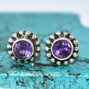 Amethyst Stud Earrings in Sterling Silver – Natural Purple Gemstone Earrings for Women – Minimalist February Birthstone Gift