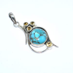 Handmade Turquoise and Citrine Pendant in 925 Sterling Silver, Artistic Designer Gemstone Necklace, Boho Spiritual Jewelry for Women