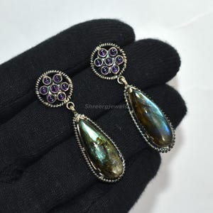 Natural Labradorite and Amethyst Sterling Silver Earrings, Teardrop Dangle Earrings, Handmade Gemstone Jewelry for Women