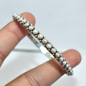 Natural Classic Pearl Studded 925 Sterling Silver Bangle - Unique Gemstone Bracelet for Women and Gift for Her