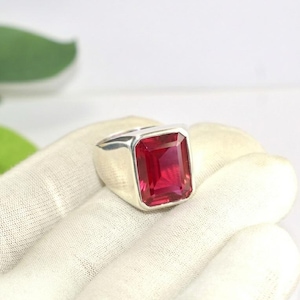 Baguette Cut Lab Ruby 100% Copper Signet Ring with Silver Plated - Unisex Handmade Jewelry - Dainty Ring