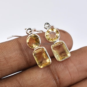 Yellow Topaz Stone 925 Sterling Earring, Yellow Gemstone Earrings, Yellow Topaz Baguette & Round Earrings, Dedicated Earring, Gift Item