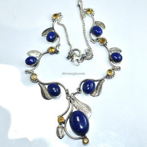 Natural Lapis Lazuli Gemstone Beads Necklace, Gemstone Beaded Dainty Choker, Women&#39;s Gift, Lapis Lazuli & Citrine Silver Chain Necklace
