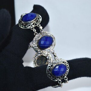 Vintage Style Lapis Lazuli Bracelet with Faceted Oval Stones & Ornate Sterling Silver Filigree – Handmade Gemstone Jewelry