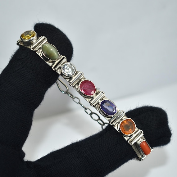 Handcrafted Navratan 925 Sterling Silver Gemstone Bracelet - Etsy