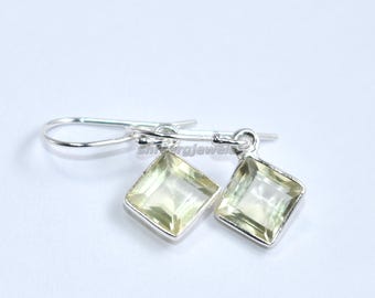 Dainty Green Amethyst earrings Dangle Sterling Silver sage green Prestolite Gemstone dangly earrings Handmade Jewelry gift for wife