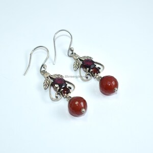 Vintage Garnet and Carnelian Drop Earrings | Sterling Silver Boho Dangle Earrings | Handmade Red Gemstone Jewelry Gift for Her