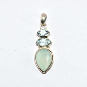Genuine blue chalcedony cabochon necklace, 925 sterling silver pendant, minimalist jewelry for women
