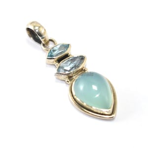 Natural blue chalcedony cabochon necklace, 925 sterling silver pendant, minimalist jewelry for women