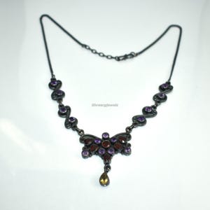 Natural Cut Purple Amethyst 925 Sterling Silver Gemstone Chain Necklace with Garnet & Citrine Accent~ February Birthstone ~ Handmade Jewelry