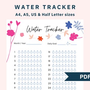 Bright Botanical Water Tracker,PDF Water Tracker Printable, Monthly Water Intake Tracker, Hydration Tracker, Water Log , A4 A5 Half & Letter