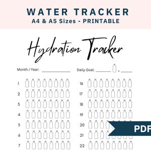 Hydration Water Tracker,PDF Water Tracker Printable, Monthly Water Intake Tracker, Hydration Tracker, Water Log , A4 & A5