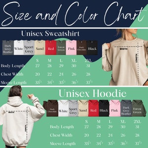 the size and color chart for a hoodie sweatshirt