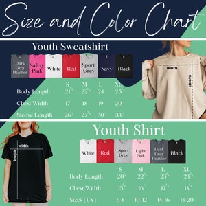 the size and color chart of a youth sweat shirt