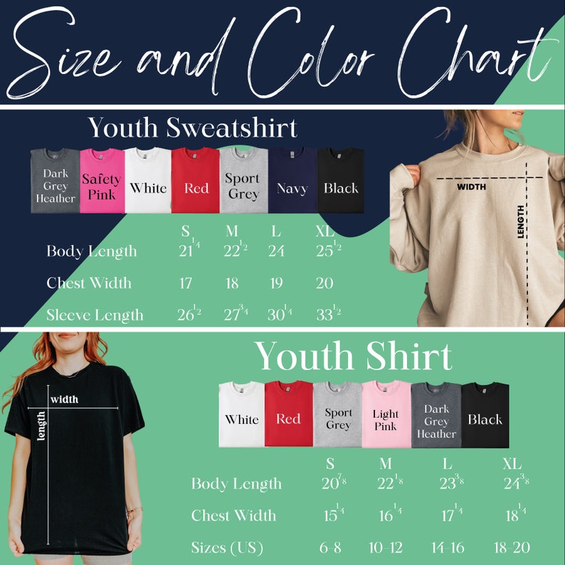 the size and color chart of a youth sweat shirt