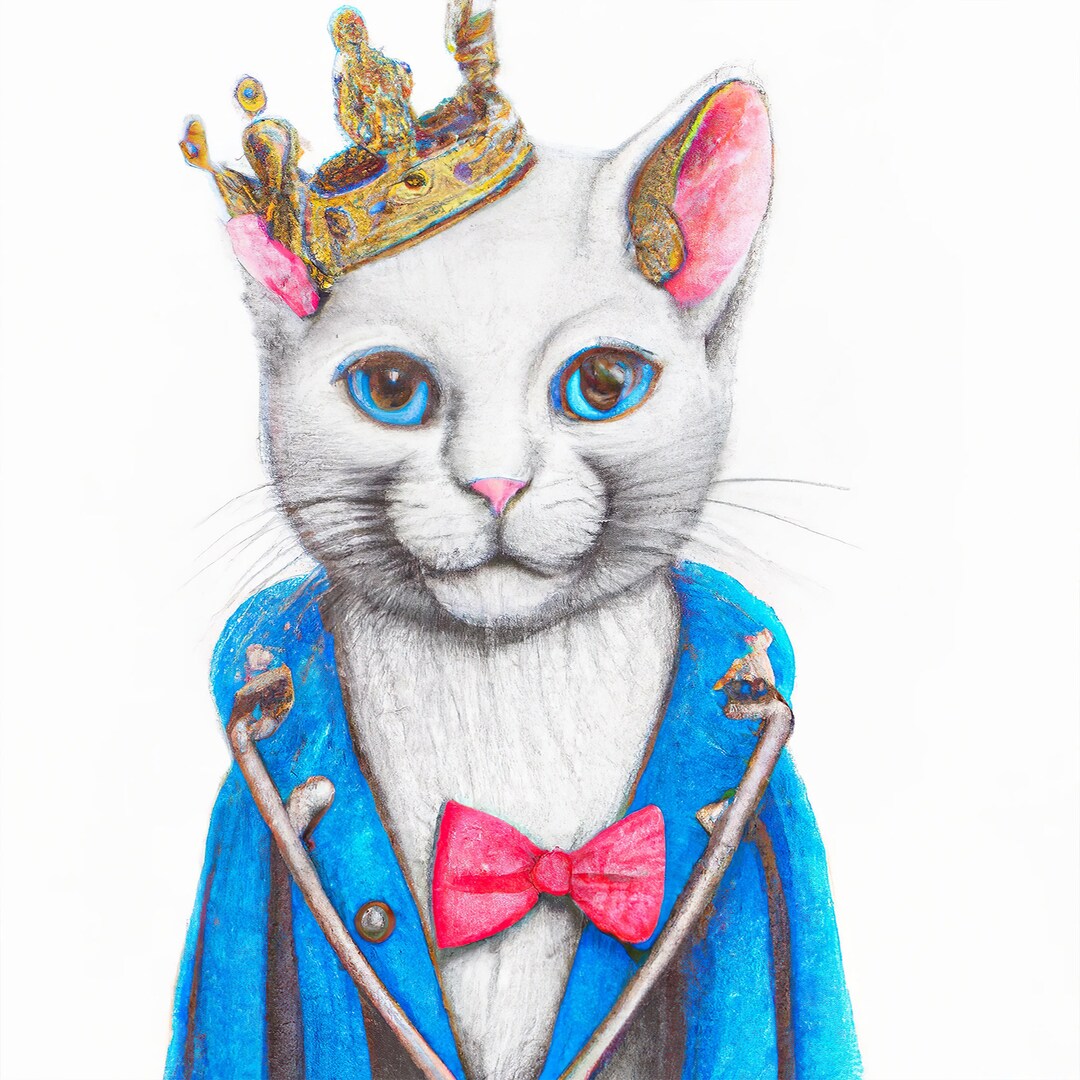 Cat in Suit, Printable Wall Art, Cat Wall Art, King Crowned Cat, Animal