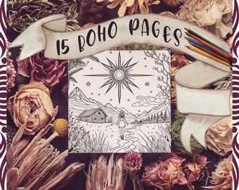 May include: A black and white illustration of a woman walking towards a cabin in the woods. The illustration is surrounded by dried flowers and a banner that reads "15 Boho Pages".