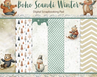 Puede incluir: Paquete de papel digital para scrapbooking con temática invernal. El papel presenta una variedad de patrones, incluyendo una escena de bosque, un patrón de chevron y un muñeco de nieve. El papel mide 20,32 cm por 20,32 cm y tiene una resolución de 300 dpi.