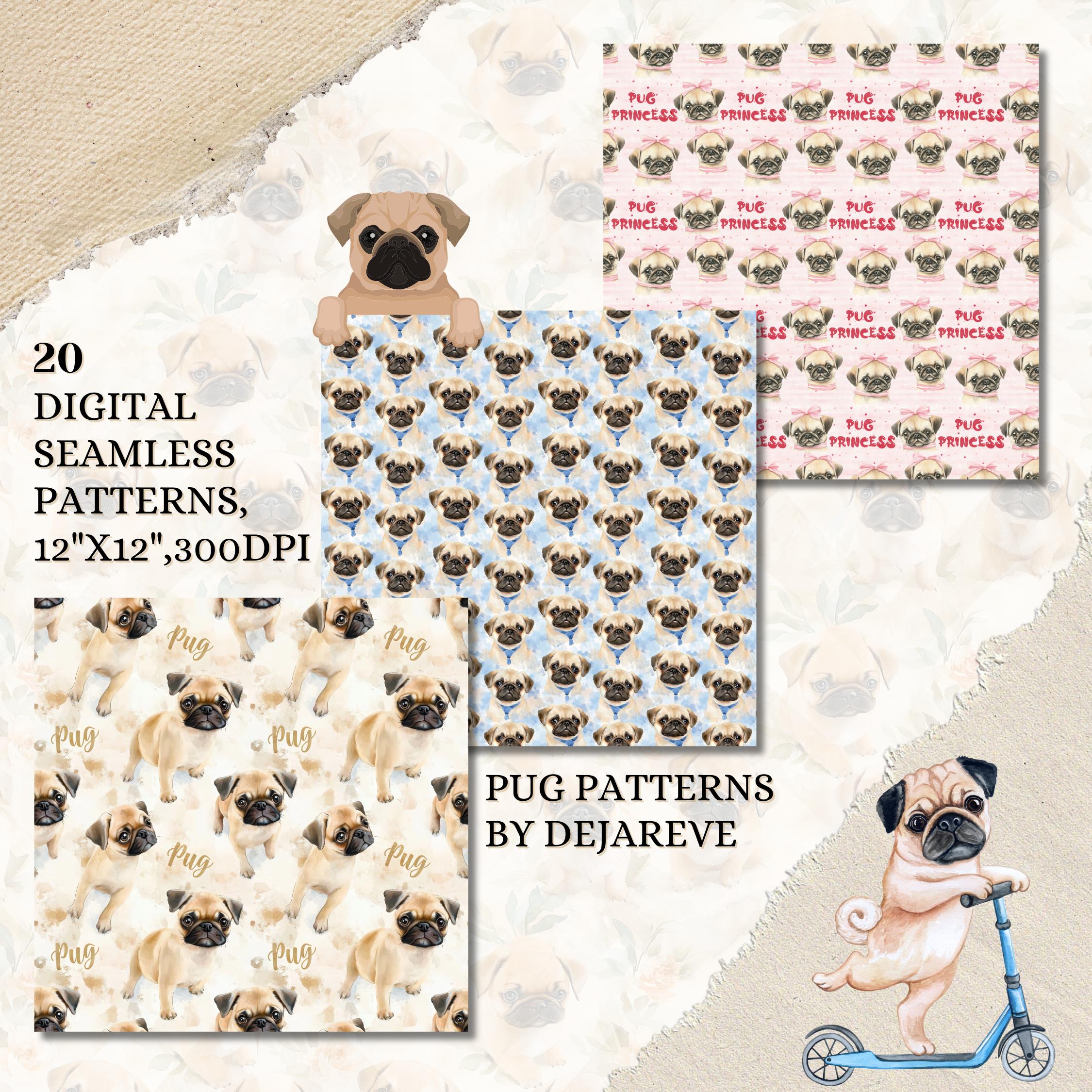 Pug Seamless Patterns: Puppy Digital Paper (12x12, 300 DPI) - Etsy