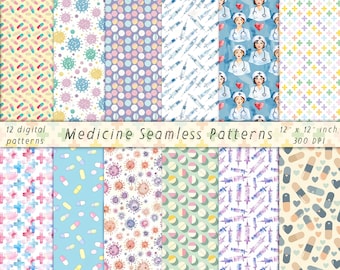 Medicine Seamless Patterns, Pastel Sheets, Printable Background, Nurse Scrapbook Pages