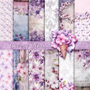 Papeles digitales de flor de cerezo, hojas de álbum de recortes, páginas imprimibles de primavera púrpura suave floral