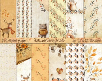 Autumn Forest Scrapbook Paper: Watercolor Animals (Digital Download)