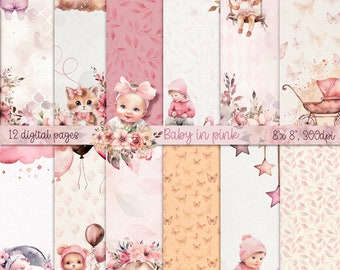 Pink Watercolor Baby Girl Scrapbook Paper (Digital Download)