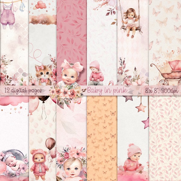 Baby In Pink, Baby Girl Watercolour Scrapbook Pages, Digital Kids Printable Background, Baby shower