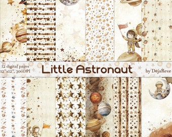 May include: Twelve digital papers featuring a space theme with illustrations of planets, stars, and astronauts. The papers are in a vintage style with brown and white colors. The text "Little Astronaut" is featured on the papers.