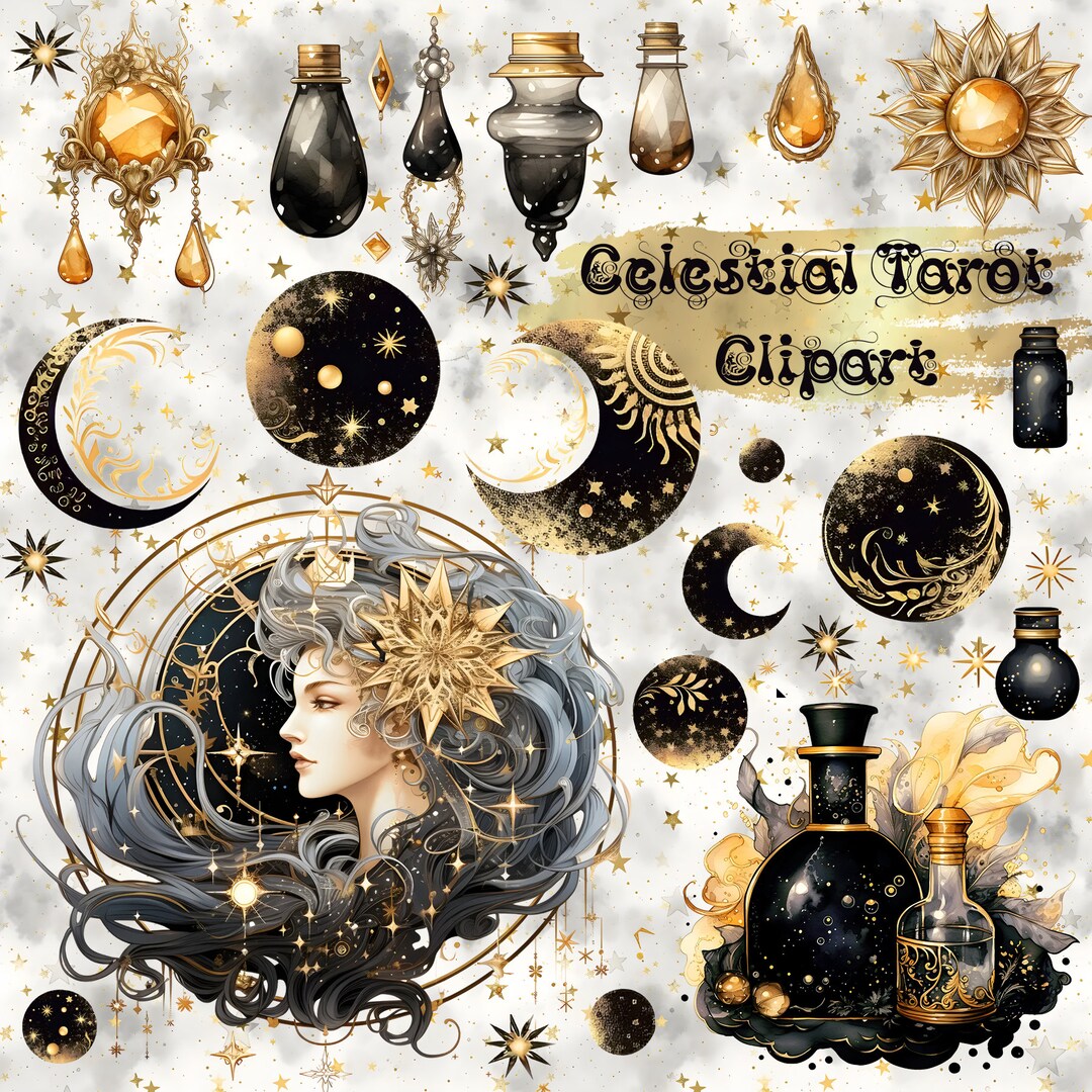 Celestial Tarot Clipart, Gold PNG Watercolour Stars, Moons, Potions for ...