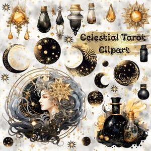 Celestial Tarot Clipart, Gold PNG Aquarell Sterne, Monde, Tränke für Ihre kreativen Projekte, mystische und okkulte Illustration
