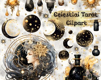 Celestial tarot clipart: gouden aquarel sterren, manen, drankjes (digitale png-download)