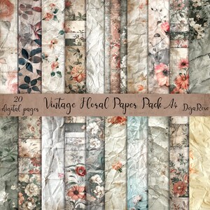 Vintage Floral Paper Pack, Shabby Chic Old Sheet, Folded Digital Paper, Shabby Junk Journal, A4 Aged Printable