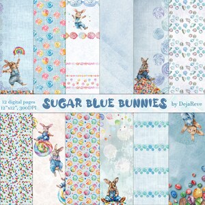 Sugar Blue Bunnies, Baby Boy Watercolor Candy Pages, Digital Kids Printable Background, Baby Shower