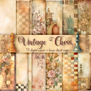 Páginas de álbumes de recortes de ajedrez, hojas grunge, almohadillas de álbumes de recortes vintage antiguas, fondo imprimible, documentos digitales Chesslovers