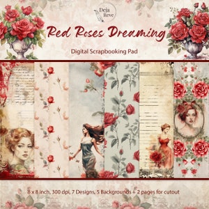 Vintage rote Rosen, Junk Journal digitale Seiten, Floral bedruckbare Scrapbook Seiten, Blumen Illustrationen