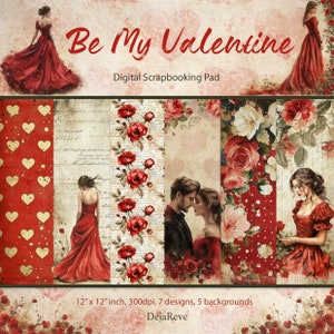 Be my Valentine, páginas digitais do Junk Journal, páginas de scrapbook para impressão de amantes, ilustrações de flores e corações
