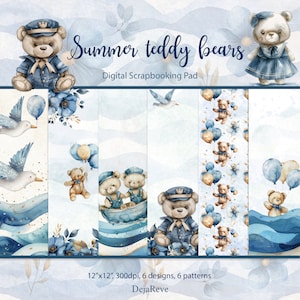 Ours en peluche d'été, bébé garçon, bébé fille, pages de scrapbooking aquarelle bleues, arrière-plan numérique mer à imprimer pour enfants, baby shower