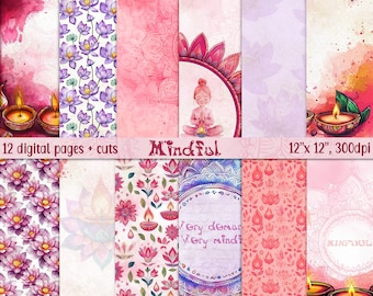 Mindful, Junk Journal Digital Kit, Spiritual Printable Journal, Lotus illustrations, Yoga Scrapbook Paper