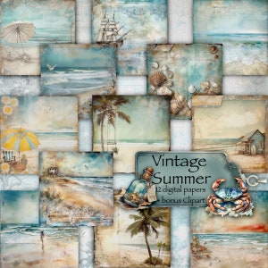Verano vintage, páginas de álbumes de recortes de playa, hojas viejas, almohadillas de álbumes de recortes, fondo de diario basura imprimible, documentos digitales