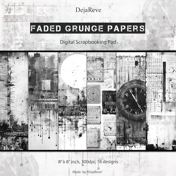 Faded Grunge Papers, Journal Insert, Junk Ephemera, Printable, Digital Download, Black&White Pages
